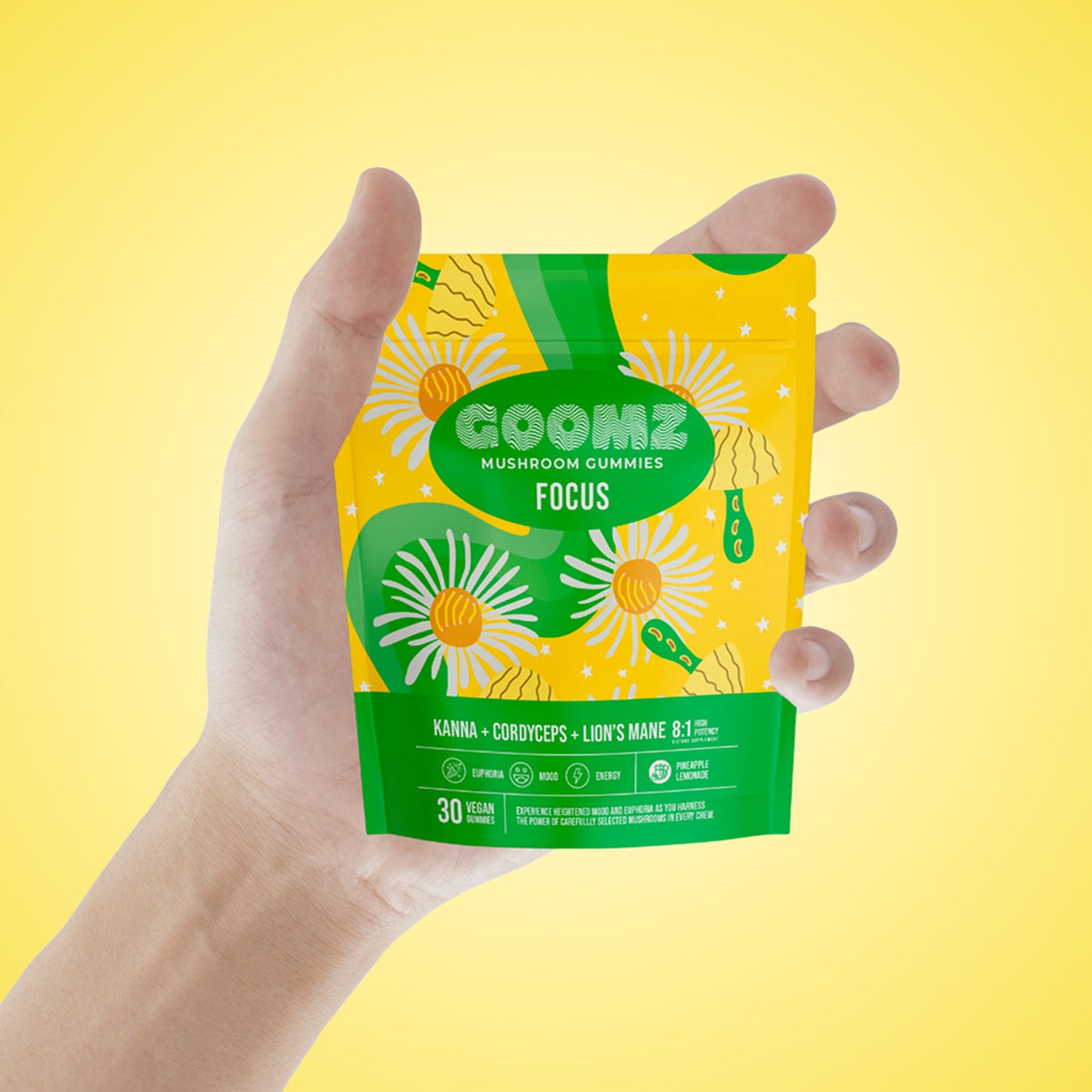 GOOMZ Focus Energy Mushroom Gummies in Pineapple Lemonade flavor