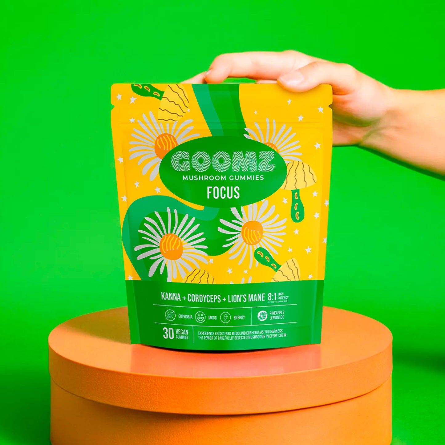 GOOMZ Focus Energy Mushroom Gummies in Pineapple Lemonade flavor