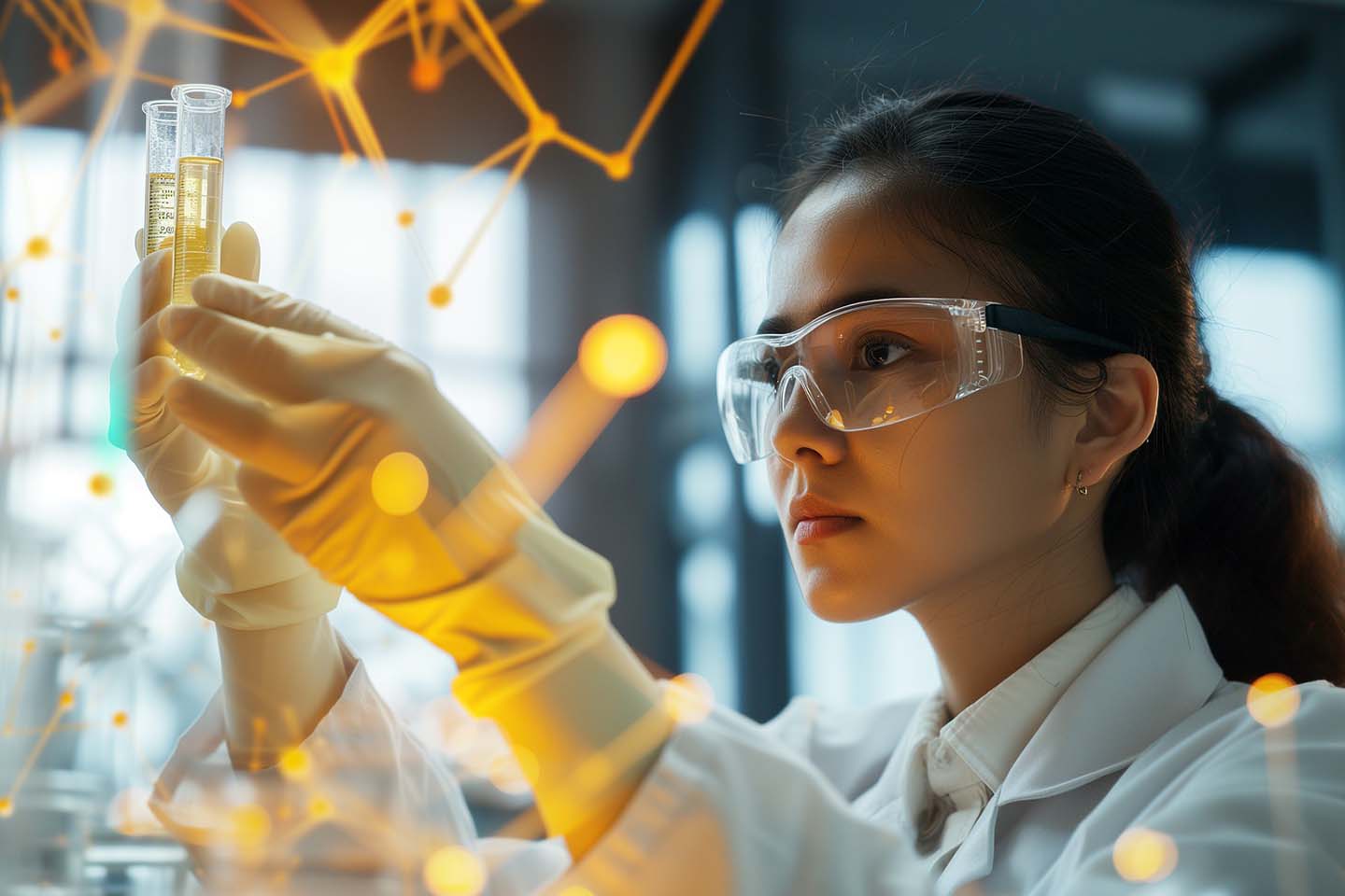 woman in lab coat looking at test tubes in science research laboratory